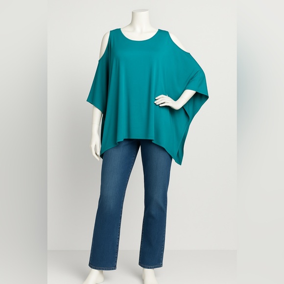 NENE by NeNe Leakes Teal Asymmetrical Cold Shoulder Poncho Tunic Top Size M - Picture 2 of 6